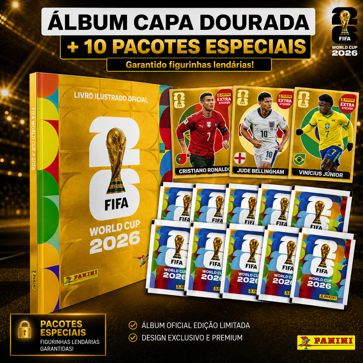 Álbum Copa do Mundo 2026 com 10 pacotes especiais