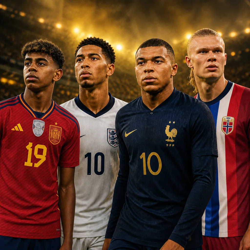 Vinicius Jr, Bellingham, Mbappé e Haaland no estádio iluminado