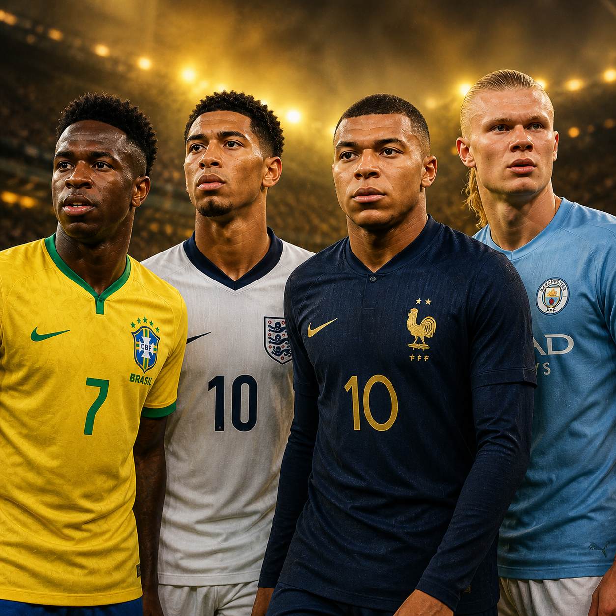 Vinicius Jr, Bellingham, Mbappé e Haaland no estádio iluminado